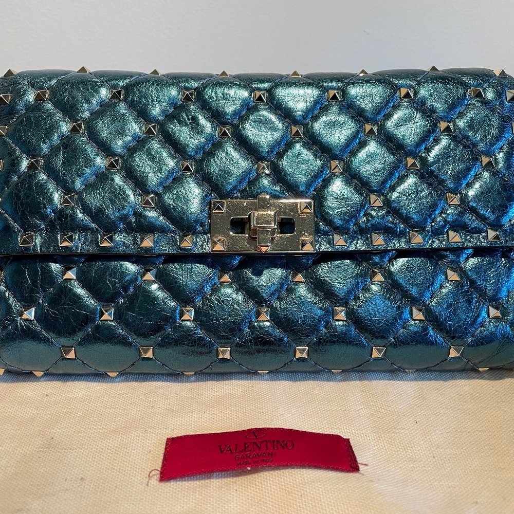 VALENTINO -- Rockstud Spike Clutch in Metallic Blue (RARE), NWT